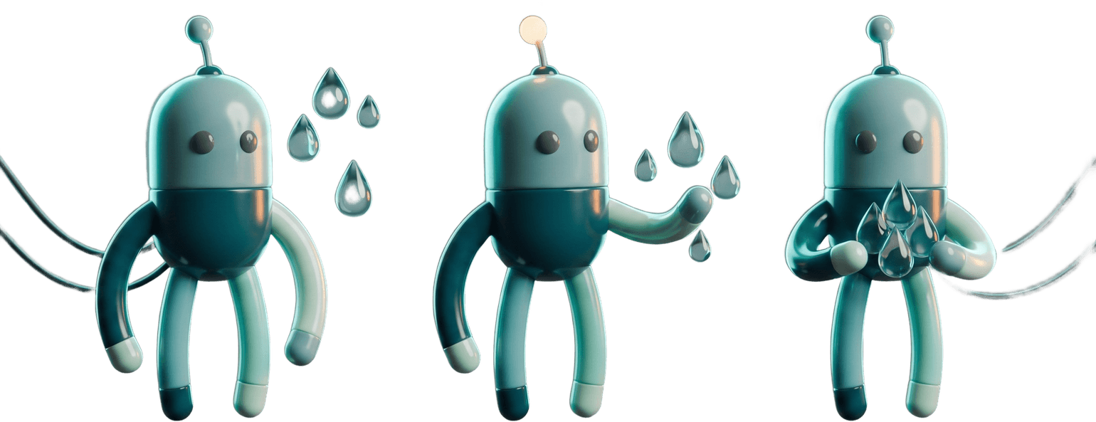 Three identical Drizzlebot robots side by side, each at a different stage of the same task