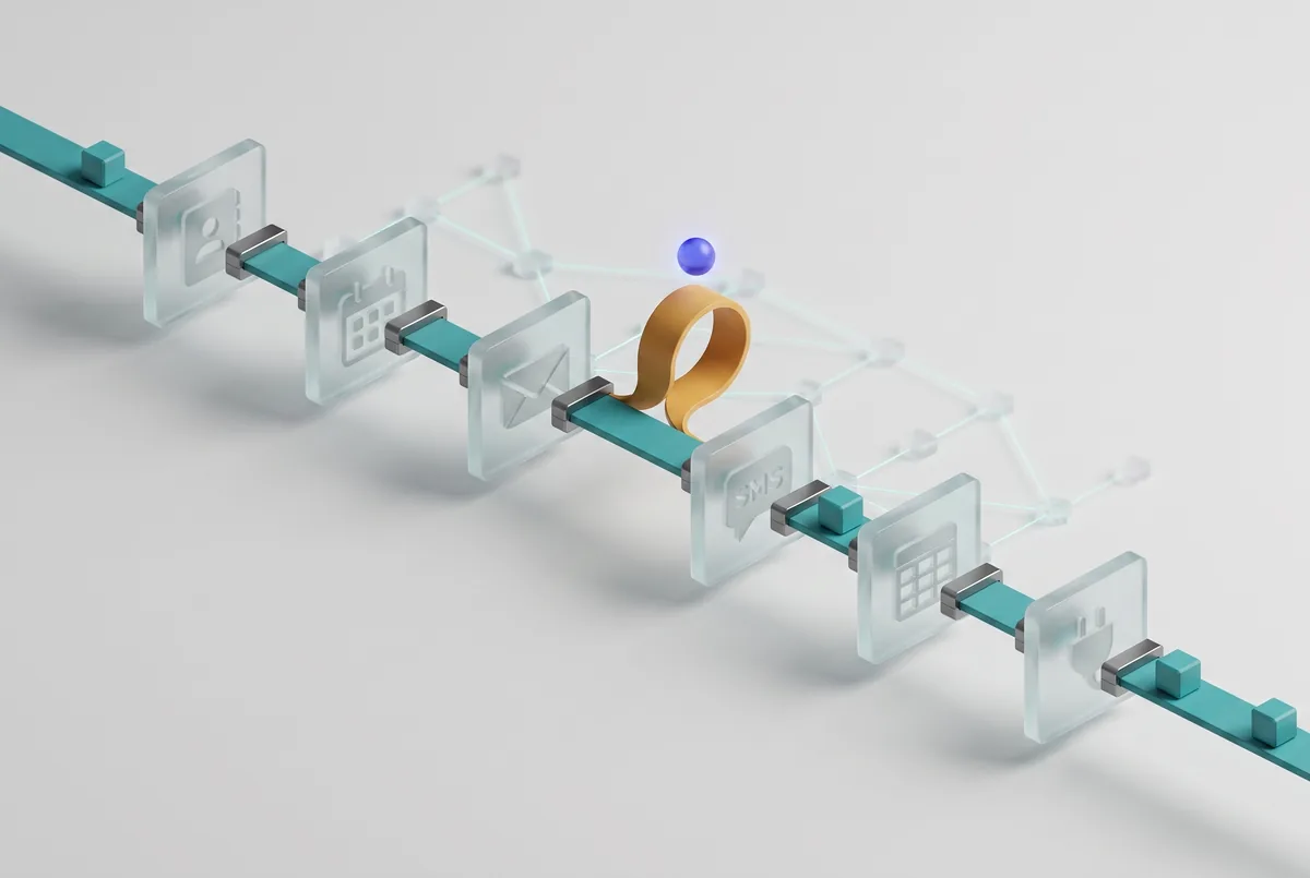 A conveyor carrying frosted glass tiles for contacts, calendar, email, SMS, spreadsheets and integrations, with one golden loop lifting off the line