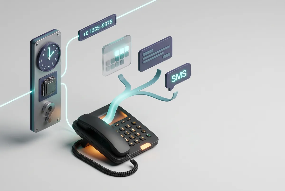 A desk phone lit from within, a new number on a plate above it, and light rising from the handset to branch into a keypad, a written message and an SMS bubble