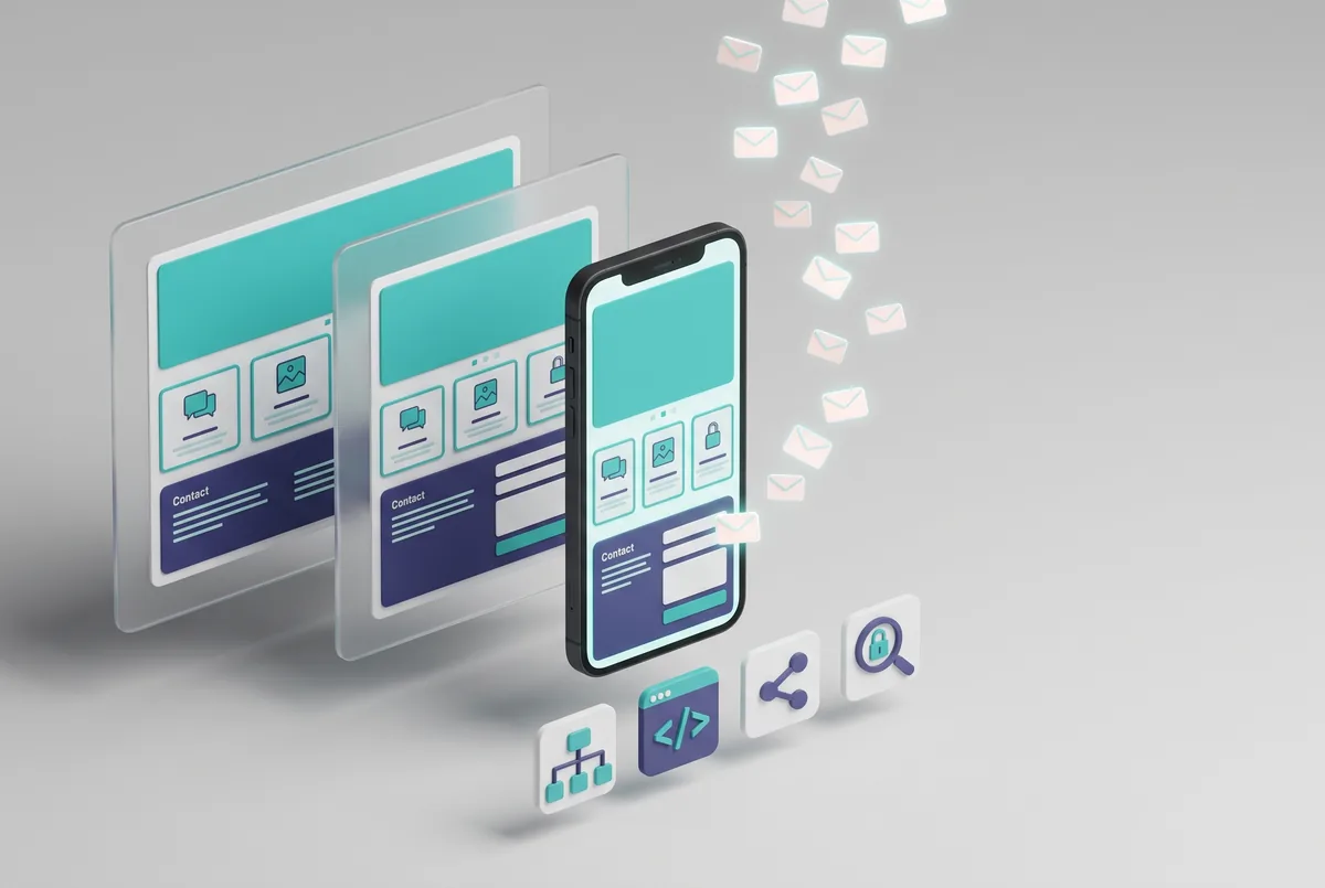 A website layout shown on two glass panes and a phone, enquiries streaming away from it as envelopes, with sitemap, code, share and indexing icons beneath