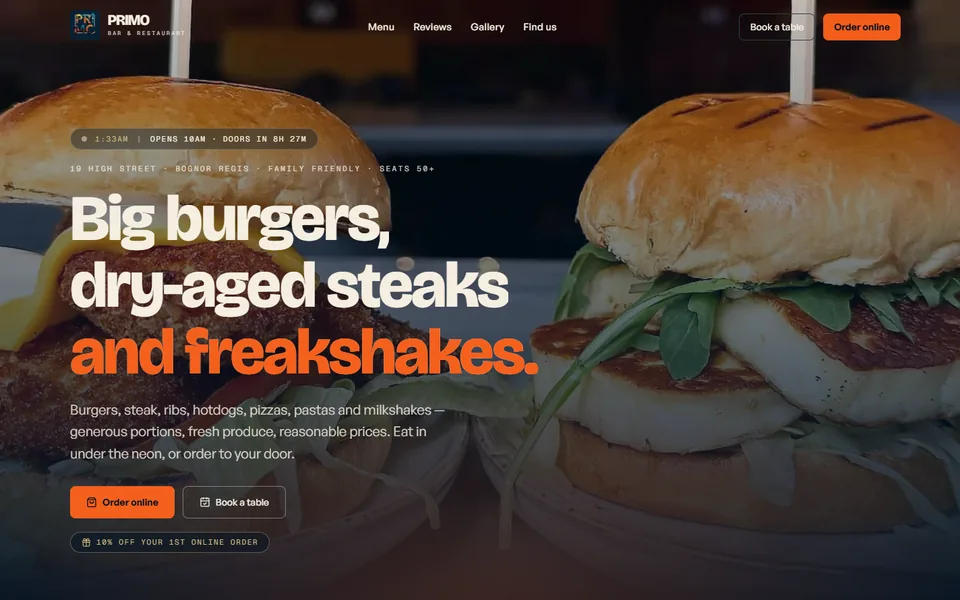Screenshot of the burger bar and restaurant website