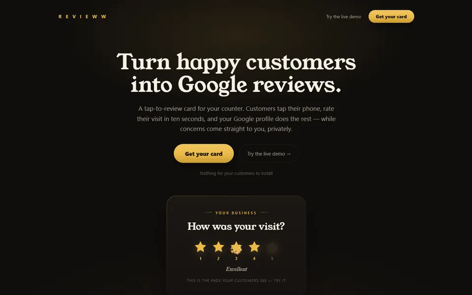 Screenshot of the review card funnel website