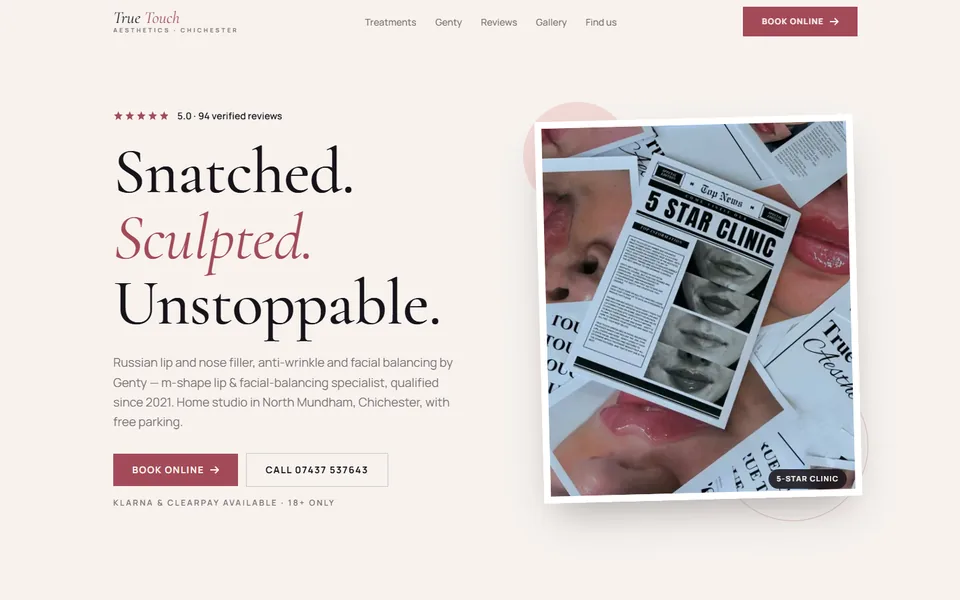 Screenshot of the aesthetics clinic website