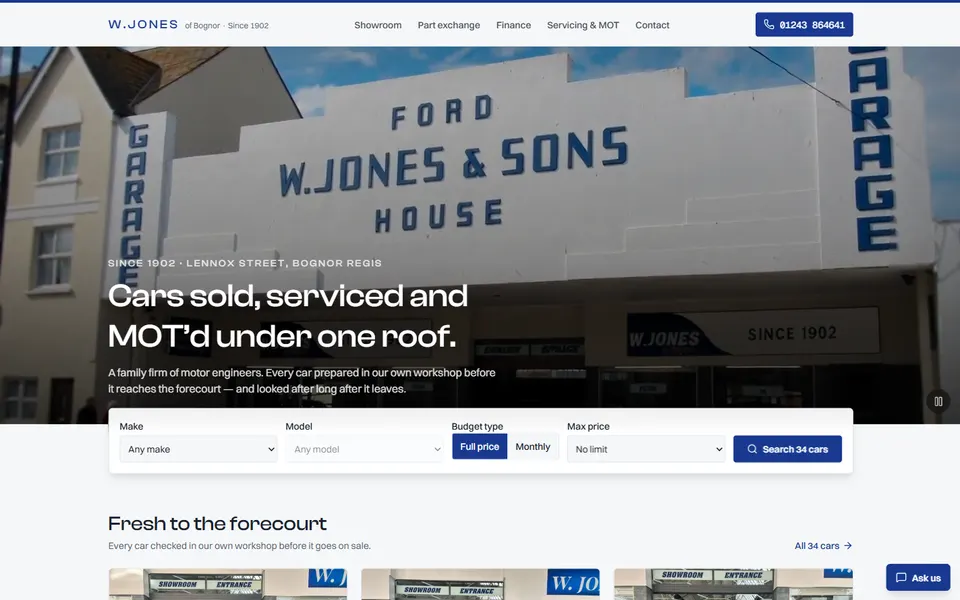 Screenshot of the used car dealer website